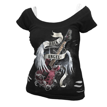 Black-White - Front - Spiral Direct Womens-Ladies Rock Angel 2 in 1 T-Shirt