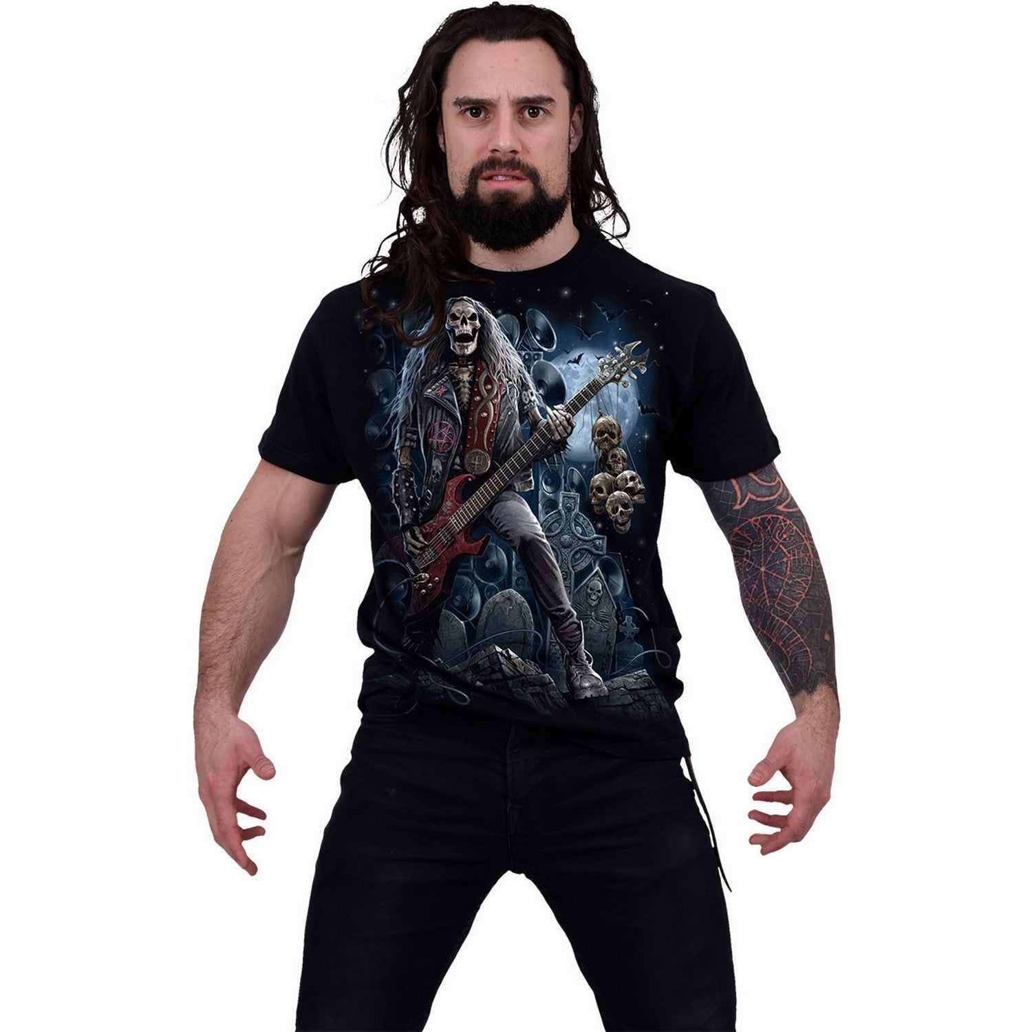 Black - Side - Spiral Direct Unisex Adult Grim Rocker Back Print T-Shirt