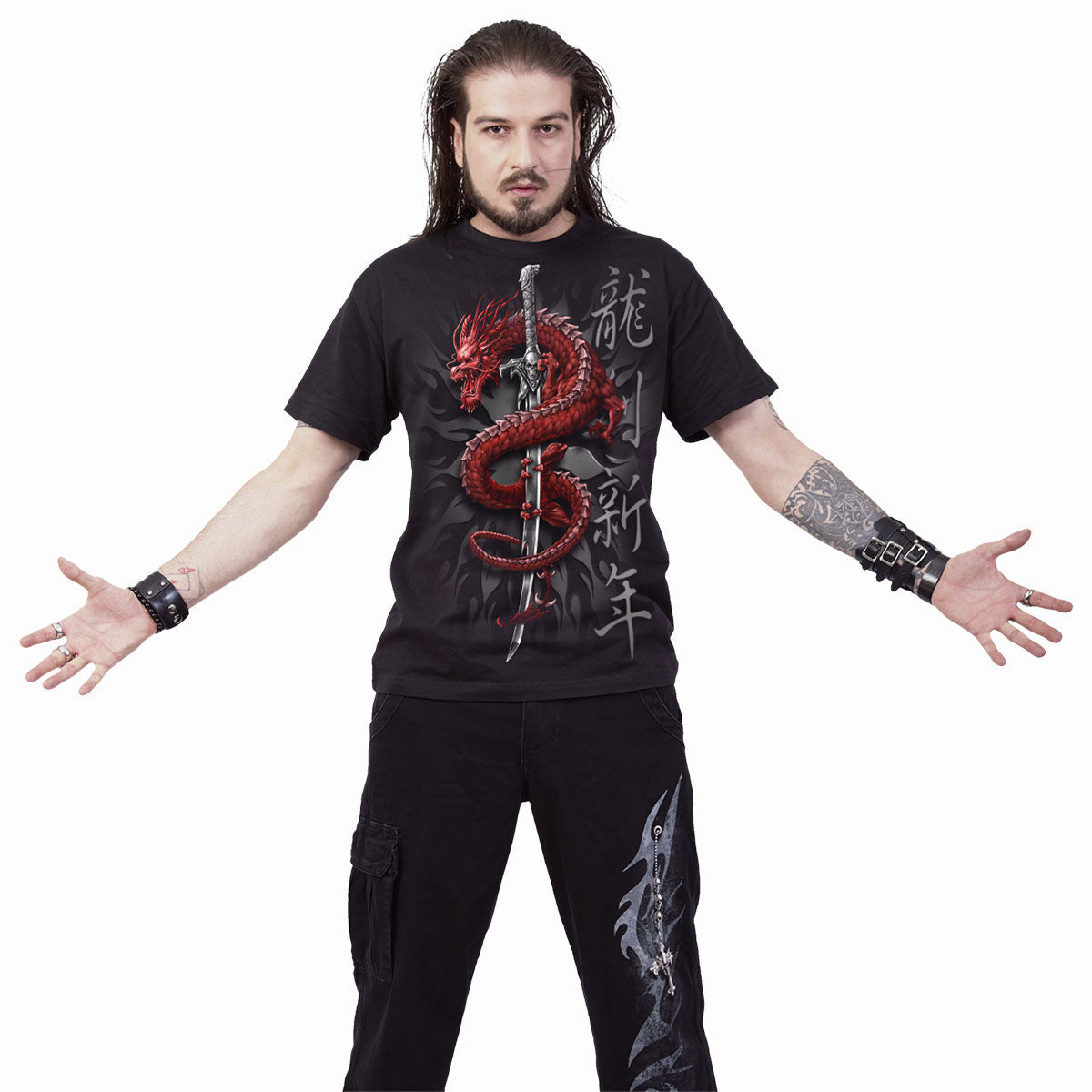 Black - Side - Spiral Direct Unisex Adult Oriental Dragon Back Print T-Shirt