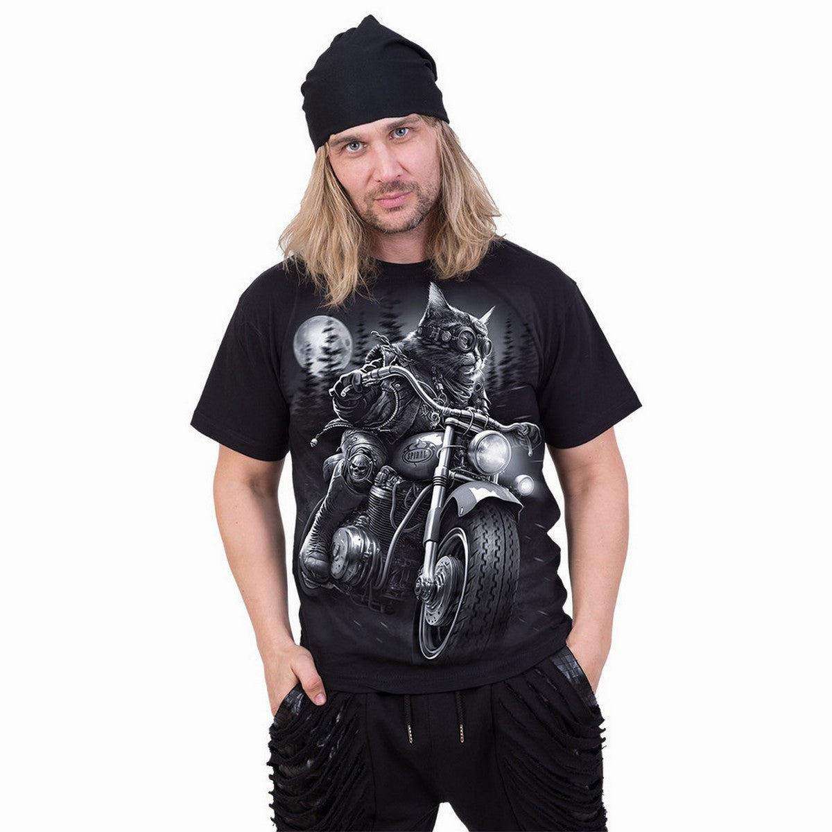 Black - Side - Spiral Direct Unisex Adult Nine Lives Back Print T-Shirt