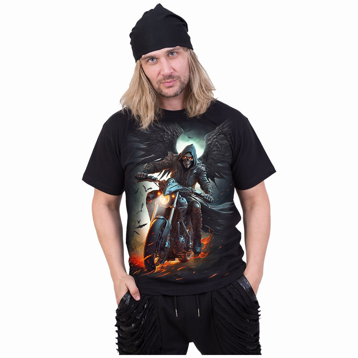 Black - Side - Spiral Direct Unisex Adult Night Rider Back Print T-Shirt