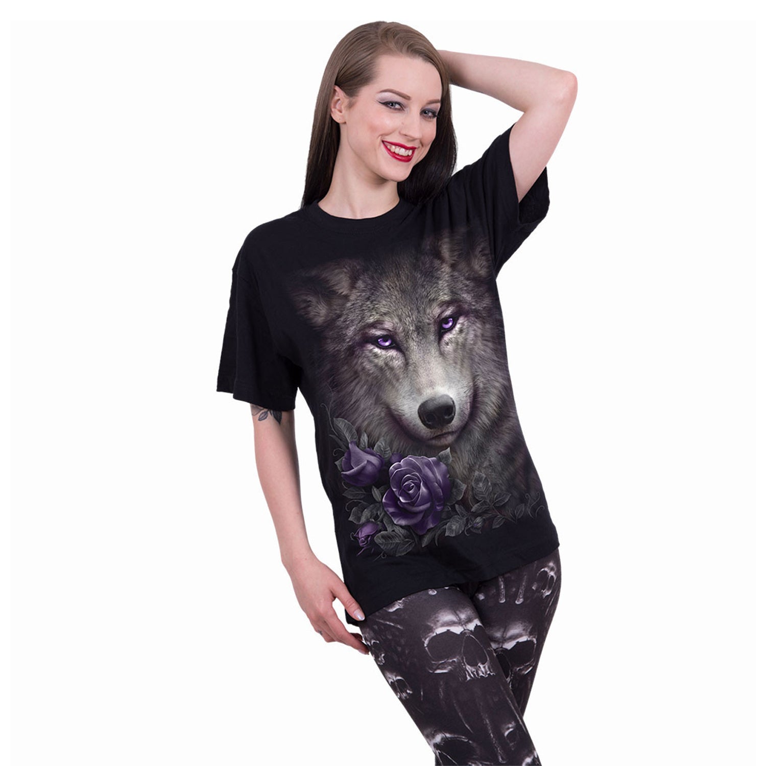 Black - Back - Spiral Direct Unisex Adult Wolf Roses T-Shirt
