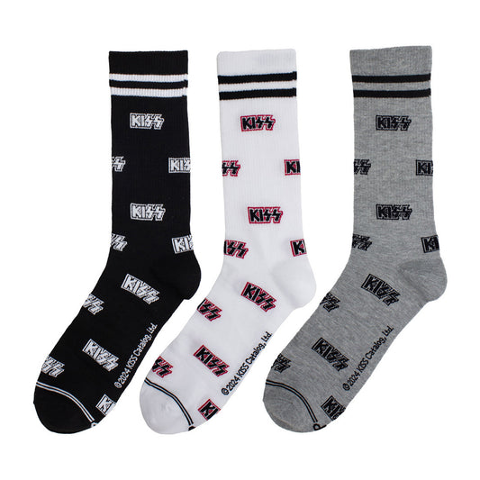 Grey-Black-White - Front - Kiss Unisex Adult Logos Crew Socks (Pack of 3)