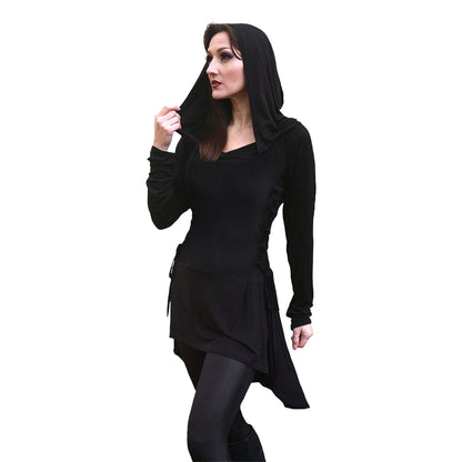 Black - Side - Spiral Direct Womens-Ladies Plain Hooded T-Shirt Dress