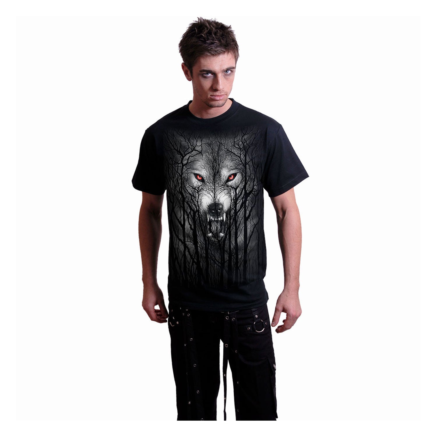 Black - Side - Spiral Direct Unisex Adult Forest Wolf T-Shirt