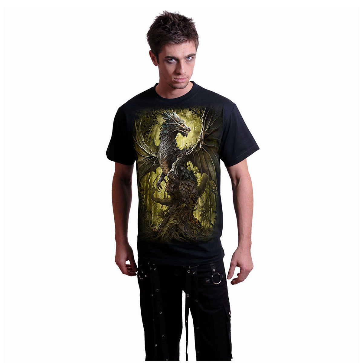 Black - Side - Spiral Direct Unisex Adult Oak Dragon Back Print T-Shirt