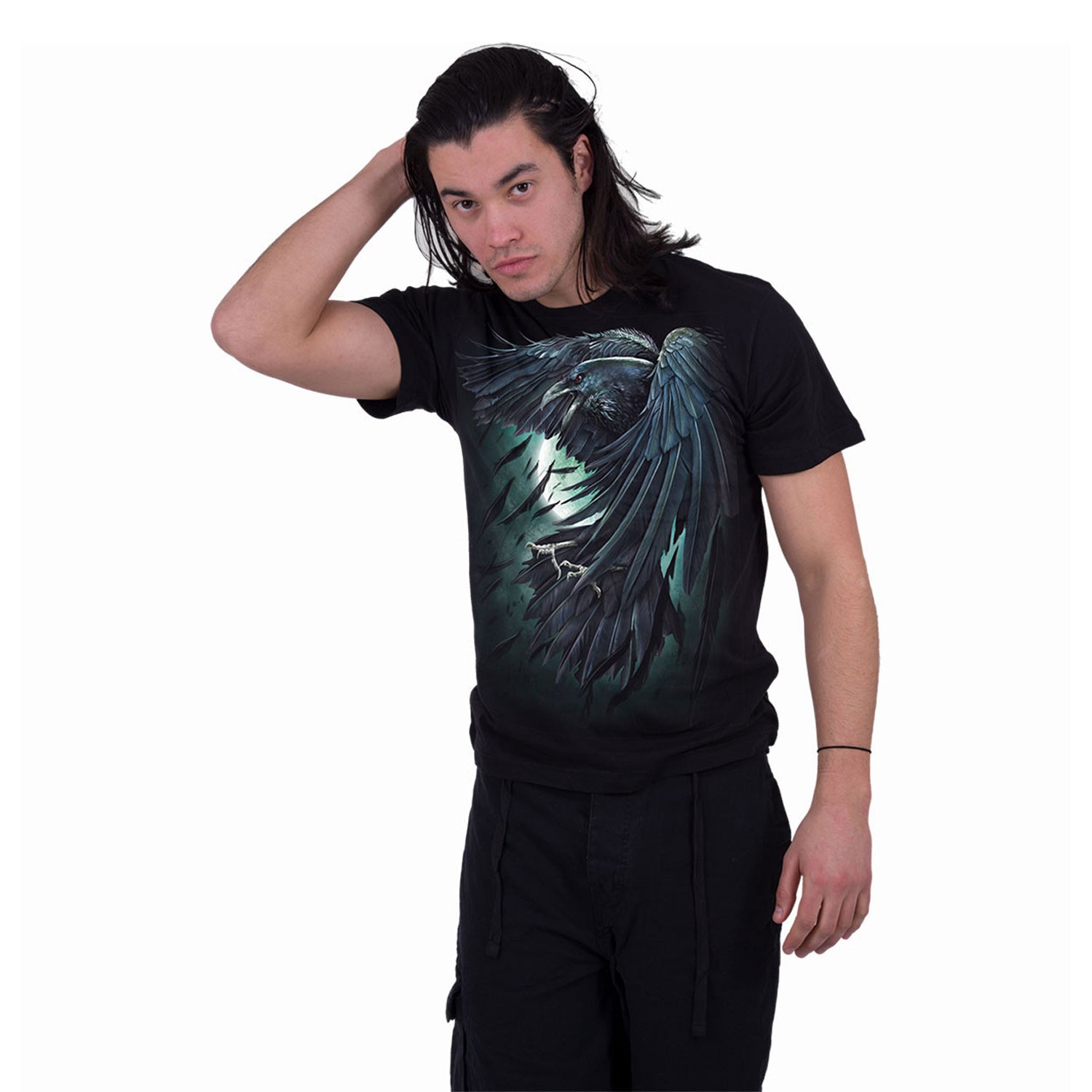 Black - Side - Spiral Direct Unisex Adult Shadow Raven Back Print T-Shirt