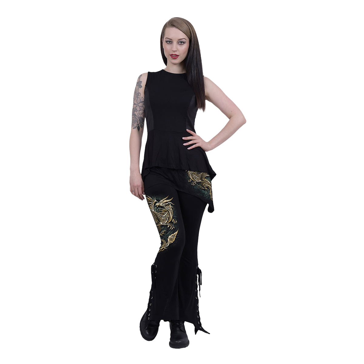 Black - Back - Spiral Direct Womens-Ladies Celtic Dragon Micro Skirt Bootcut Leggings