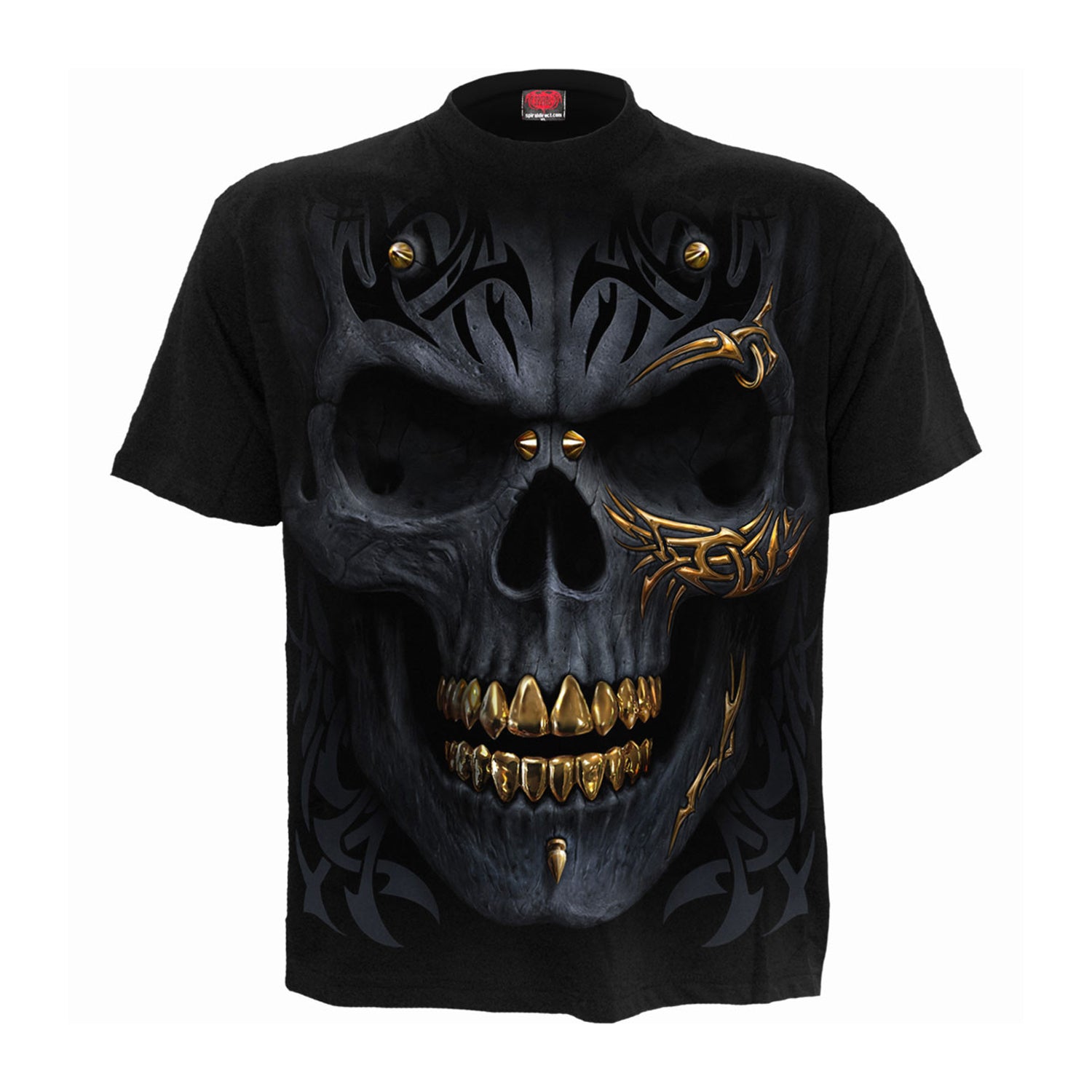 Black - Front - Spiral Direct Unisex Adult Black Gold Back Print T-Shirt