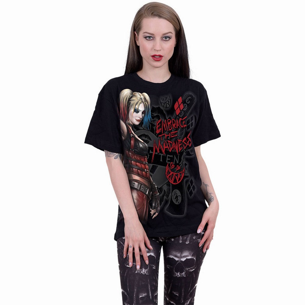 Black - Back - Spiral Direct Unisex Adult Embrace Madness Harley Quinn Batman T-Shirt