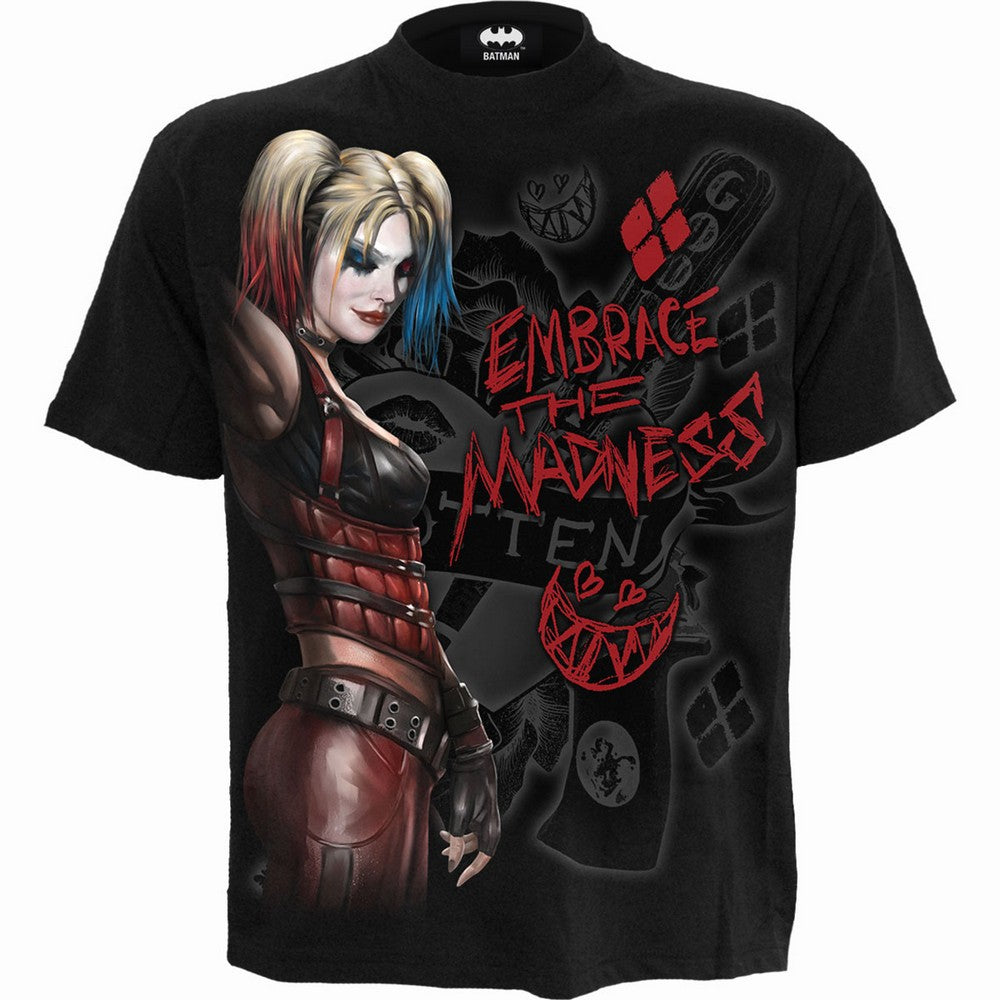 Black - Front - Spiral Direct Unisex Adult Embrace Madness Harley Quinn Batman T-Shirt