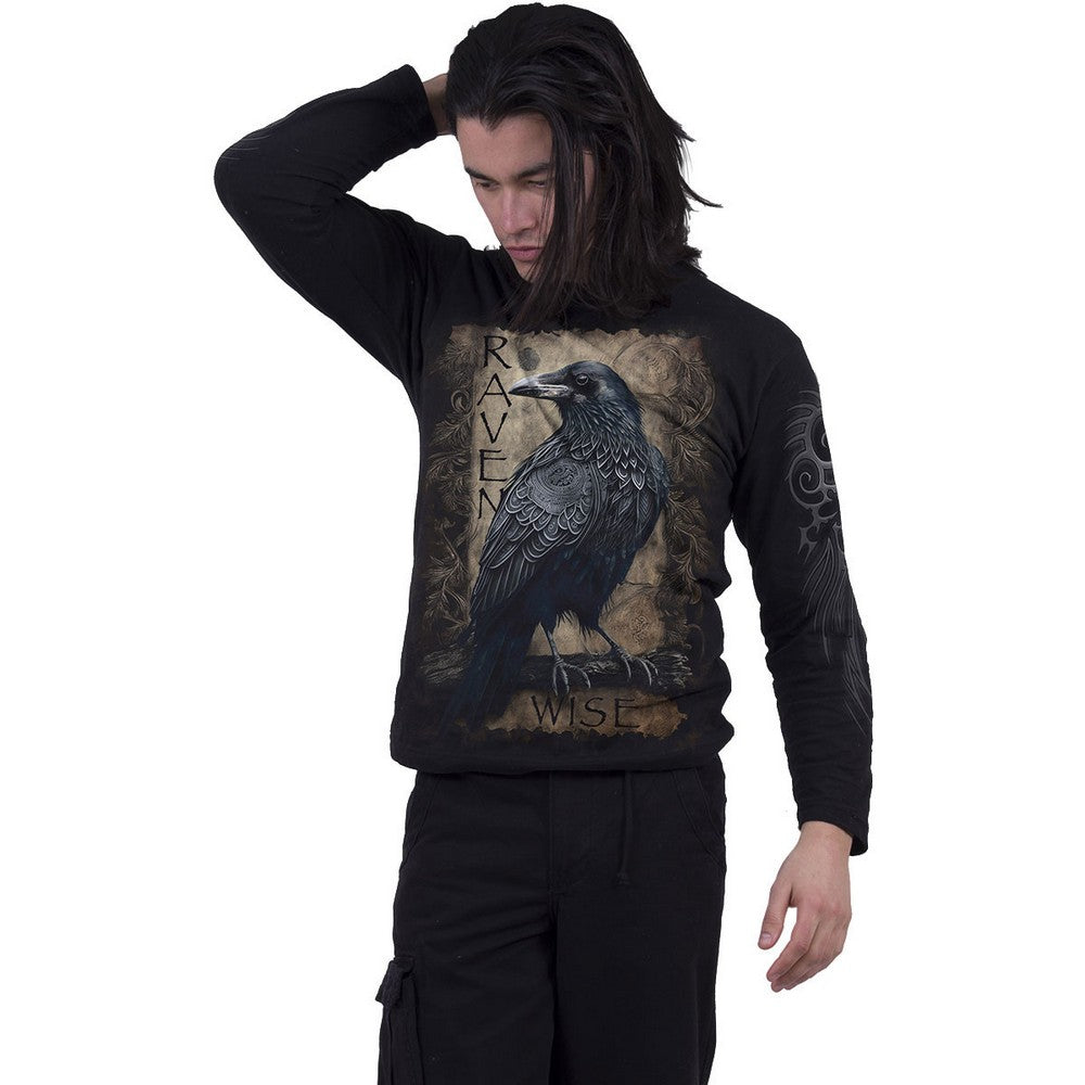 Black - Side - Spiral Direct Unisex Adult Raven Wise Back Print Long-Sleeved T-Shirt