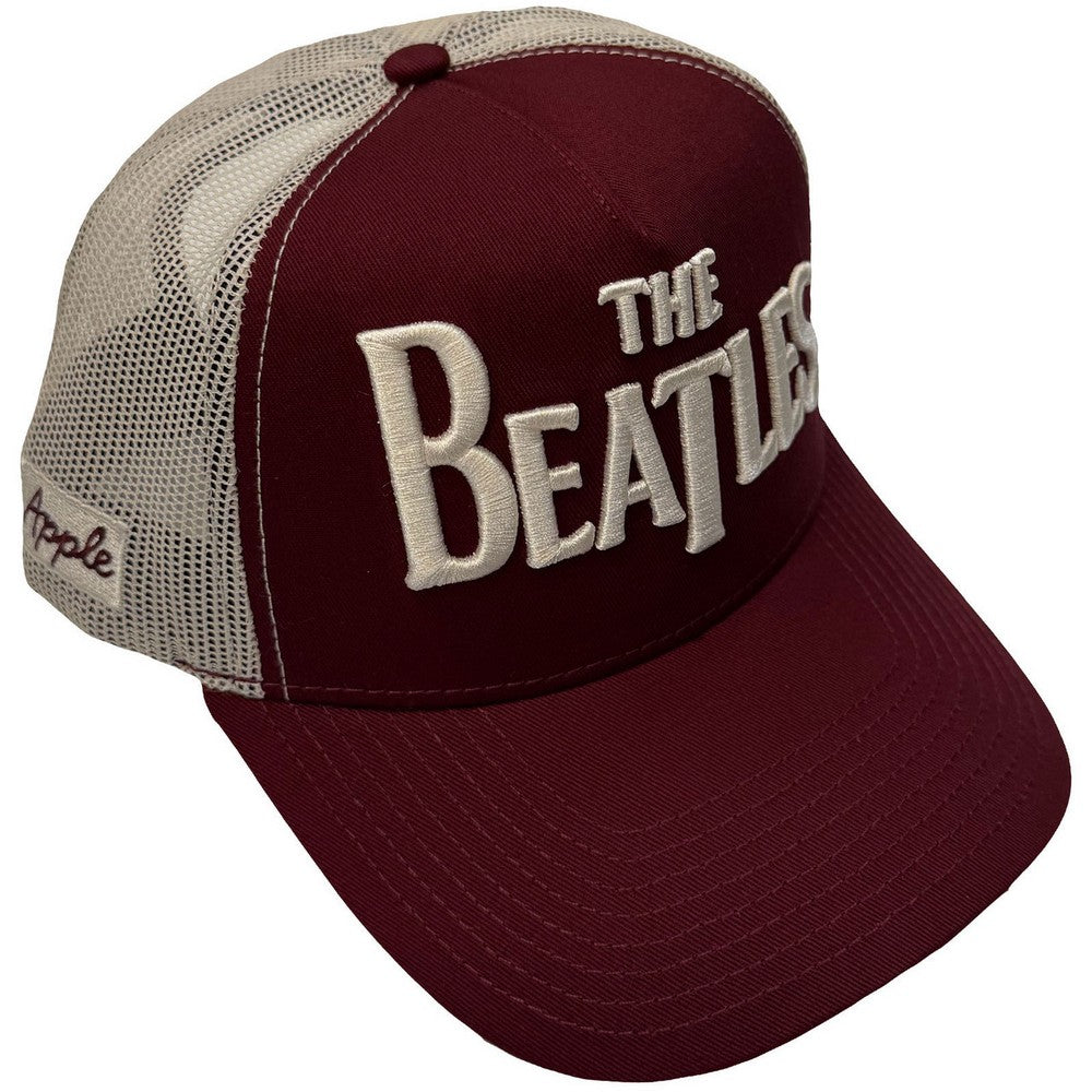 Maroon Red-Natural - Side - The Beatles Unisex Adult Drop T Logo & Apple Mesh Back Trucker Cap