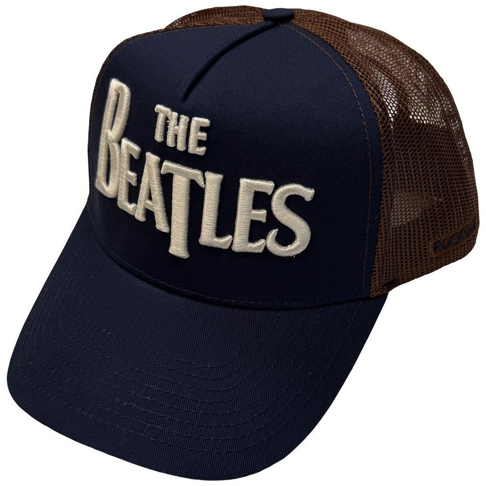 Navy Blue-Brown - Front - The Beatles Unisex Adult Drop T Logo & Apple Mesh Back Trucker Cap