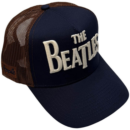 Navy Blue-Brown - Side - The Beatles Unisex Adult Drop T Logo & Apple Mesh Back Trucker Cap