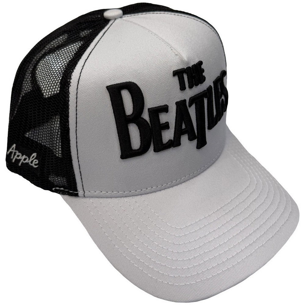 Black-White - Side - The Beatles Unisex Adult Drop T Logo & Apple Mesh Back Trucker Cap