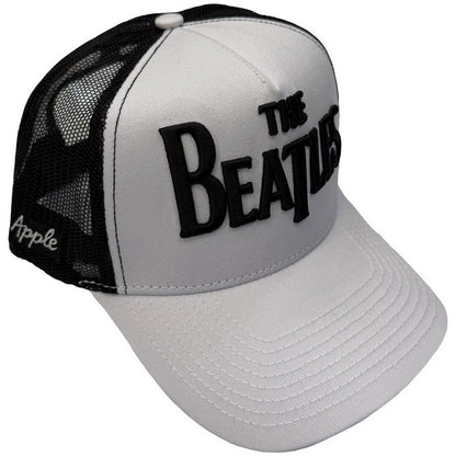 Black-White - Side - The Beatles Unisex Adult Drop T Logo & Apple Mesh Back Trucker Cap