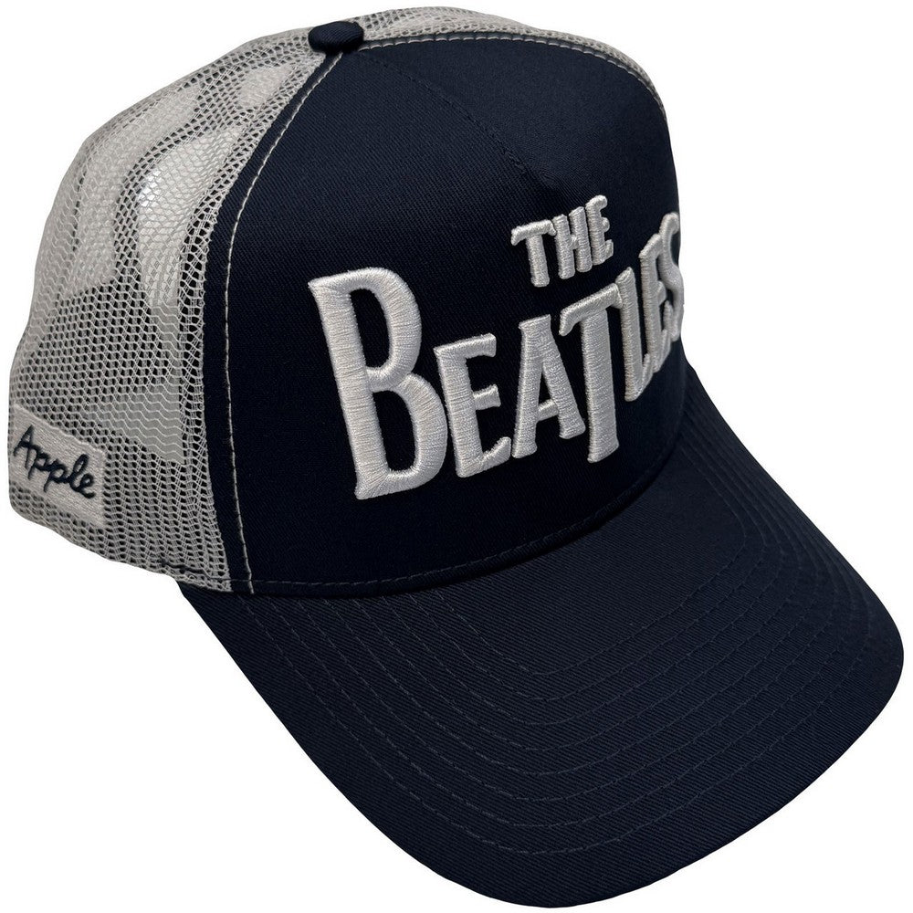 Navy Blue-White - Side - The Beatles Unisex Adult Drop T Logo & Apple Mesh Back Trucker Cap