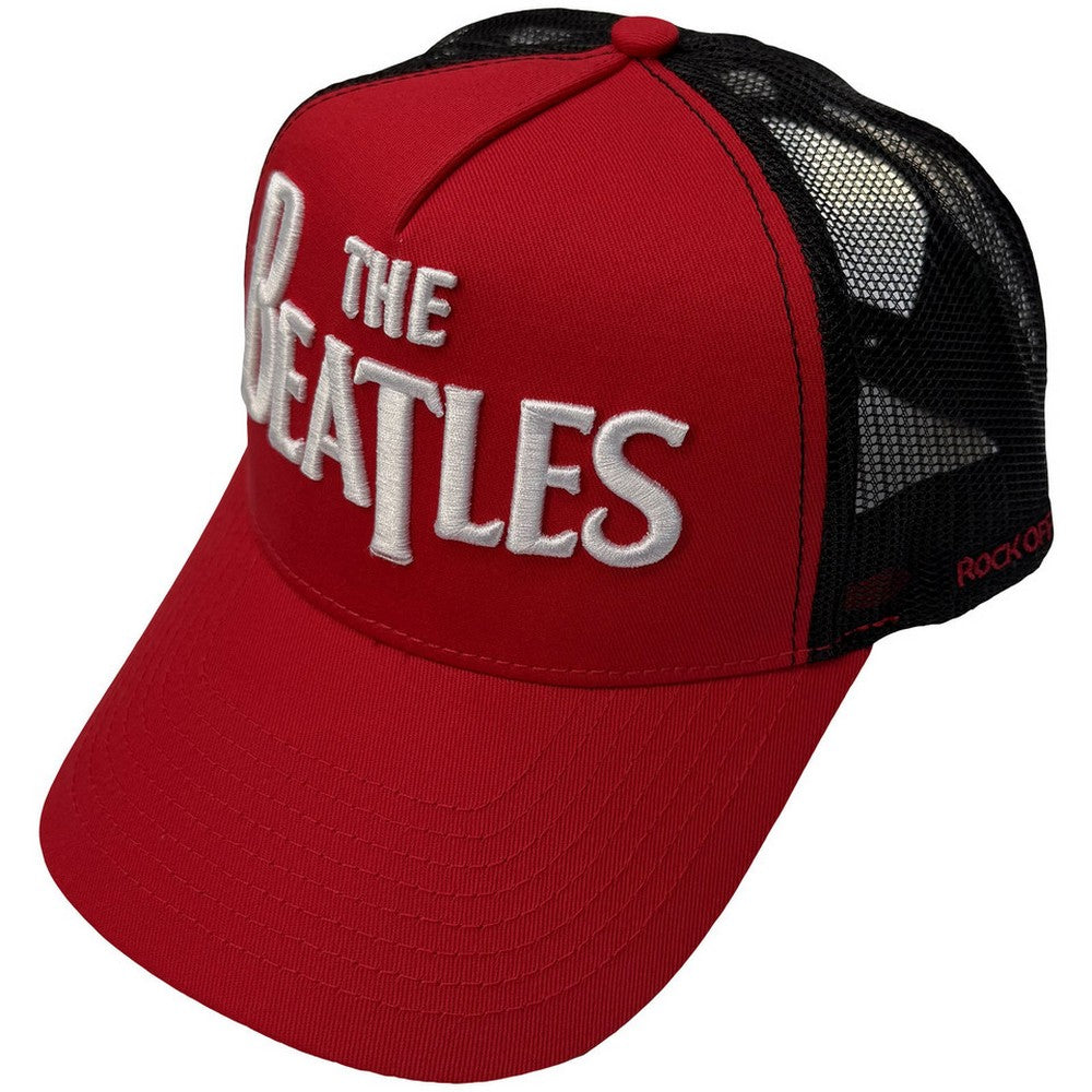 Red-Black - Front - The Beatles Unisex Adult Drop T Logo & Apple Mesh Back Trucker Cap
