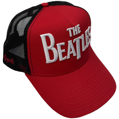 Red-Black - Side - The Beatles Unisex Adult Drop T Logo & Apple Mesh Back Trucker Cap