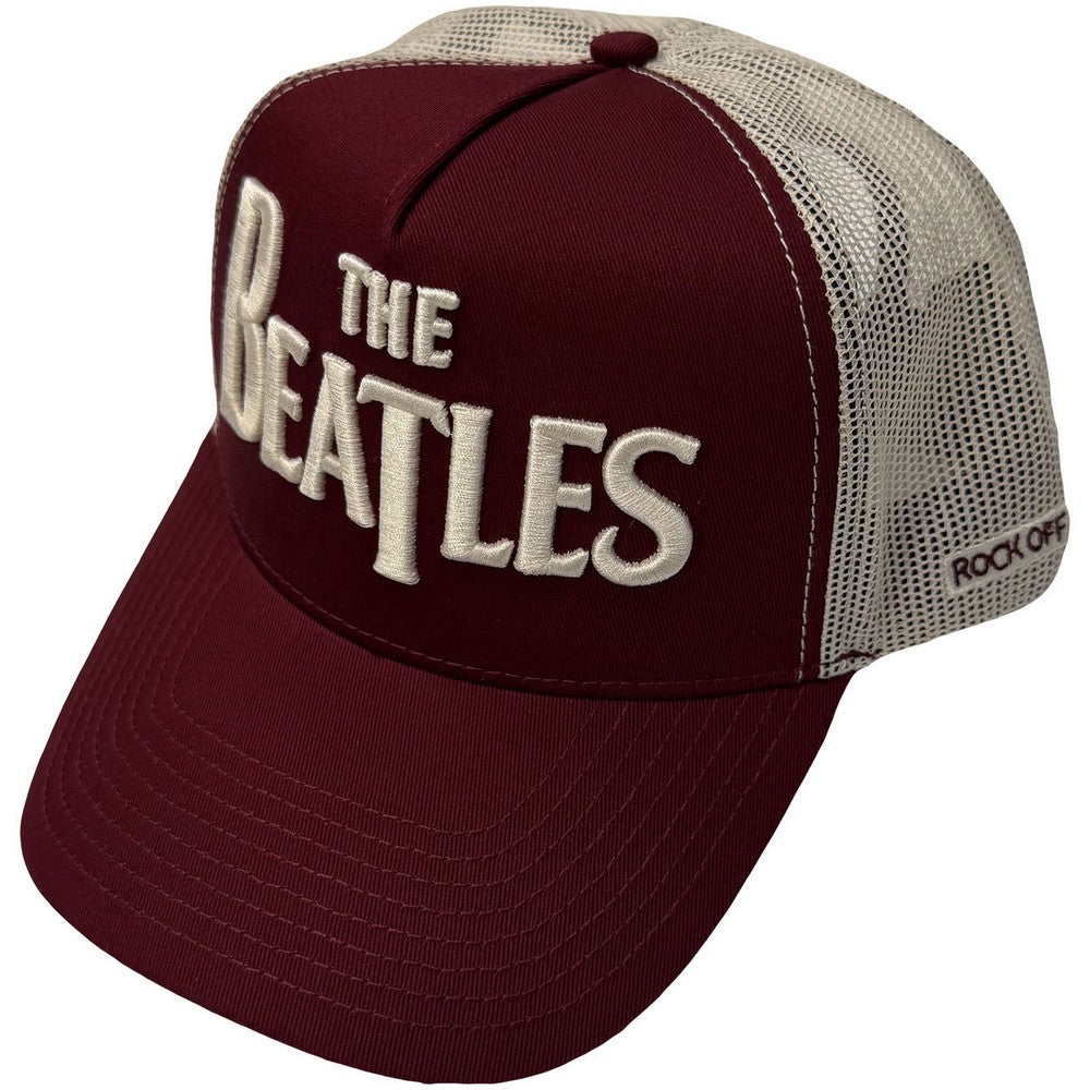 Maroon Red-Natural - Front - The Beatles Unisex Adult Drop T Logo & Apple Mesh Back Trucker Cap
