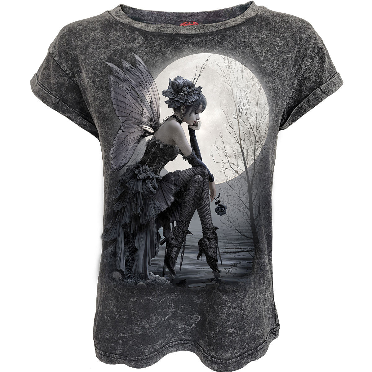 Black-Grey - Front - Spiral Direct Womens-Ladies Reflections Acid Wash Turn Up T-Shirt