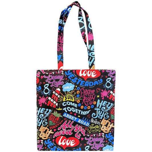 Black - Front - The Beatles Song Titles Cotton Tote Bag