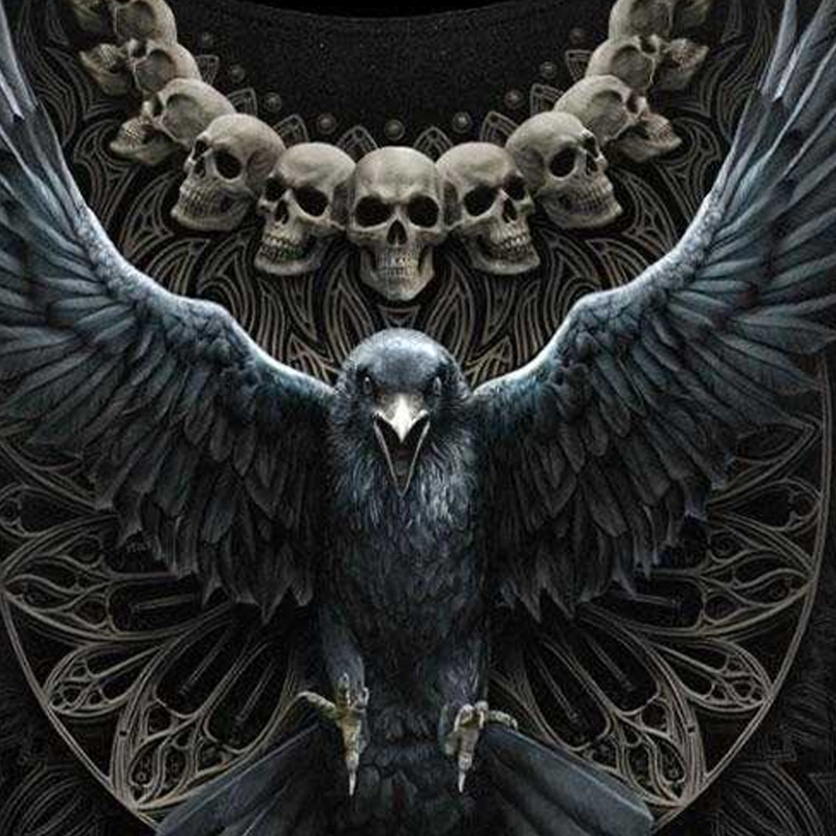 Black - Side - Spiral Direct Womens-Ladies Raven Skull Long-Sleeved T-Shirt