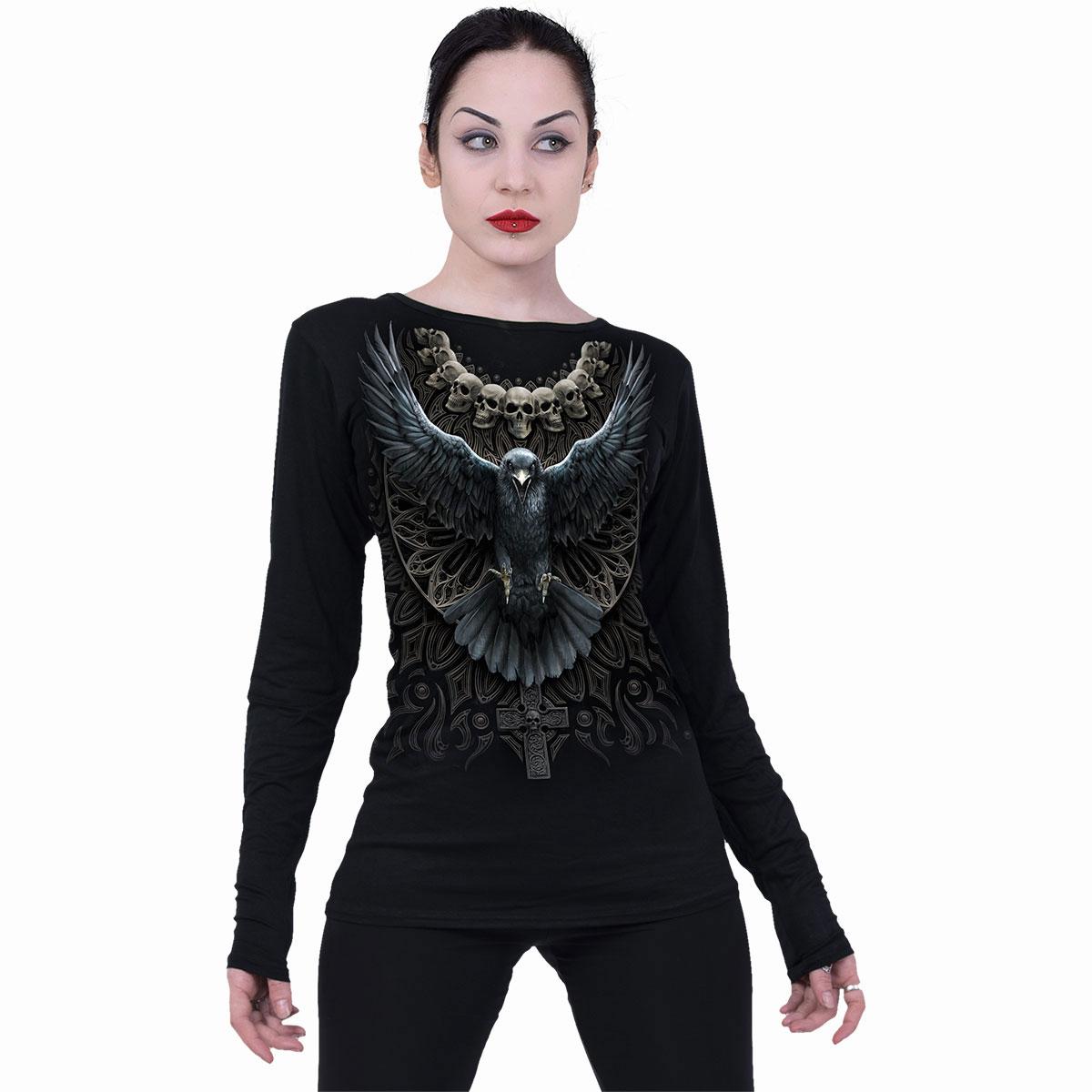 Black - Lifestyle - Spiral Direct Womens-Ladies Raven Skull Long-Sleeved T-Shirt