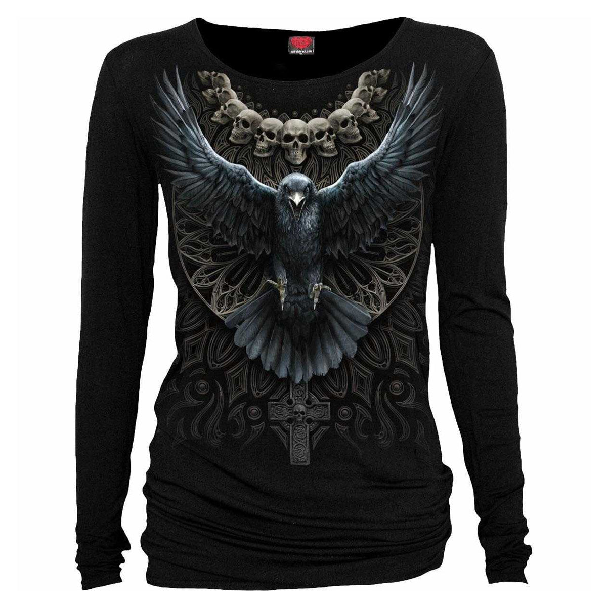 Black - Front - Spiral Direct Womens-Ladies Raven Skull Long-Sleeved T-Shirt