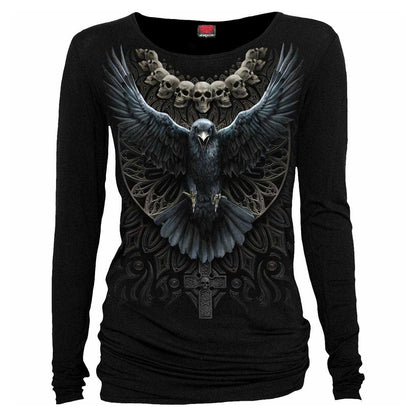 Black - Front - Spiral Direct Womens-Ladies Raven Skull Long-Sleeved T-Shirt