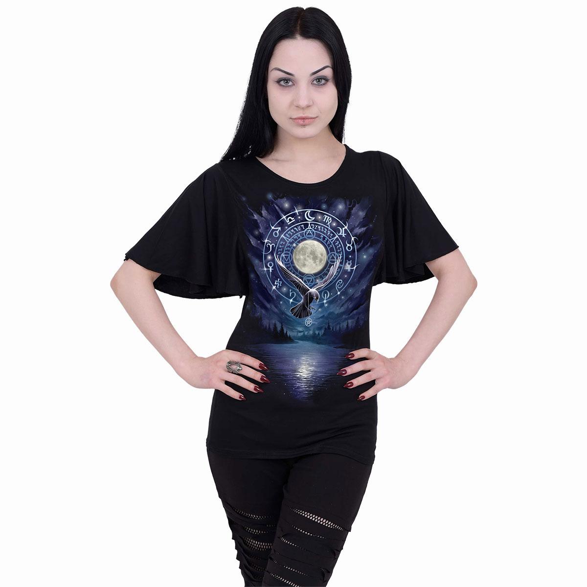 Black - Side - Spiral Direct Womens-Ladies Witchcraft Boat Neck Batwing Sleeve Top
