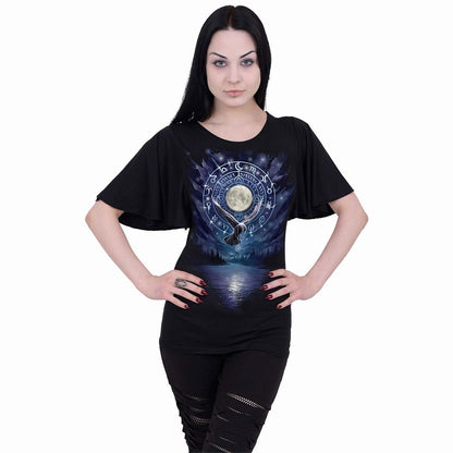 Black - Side - Spiral Direct Womens-Ladies Witchcraft Boat Neck Batwing Sleeve Top