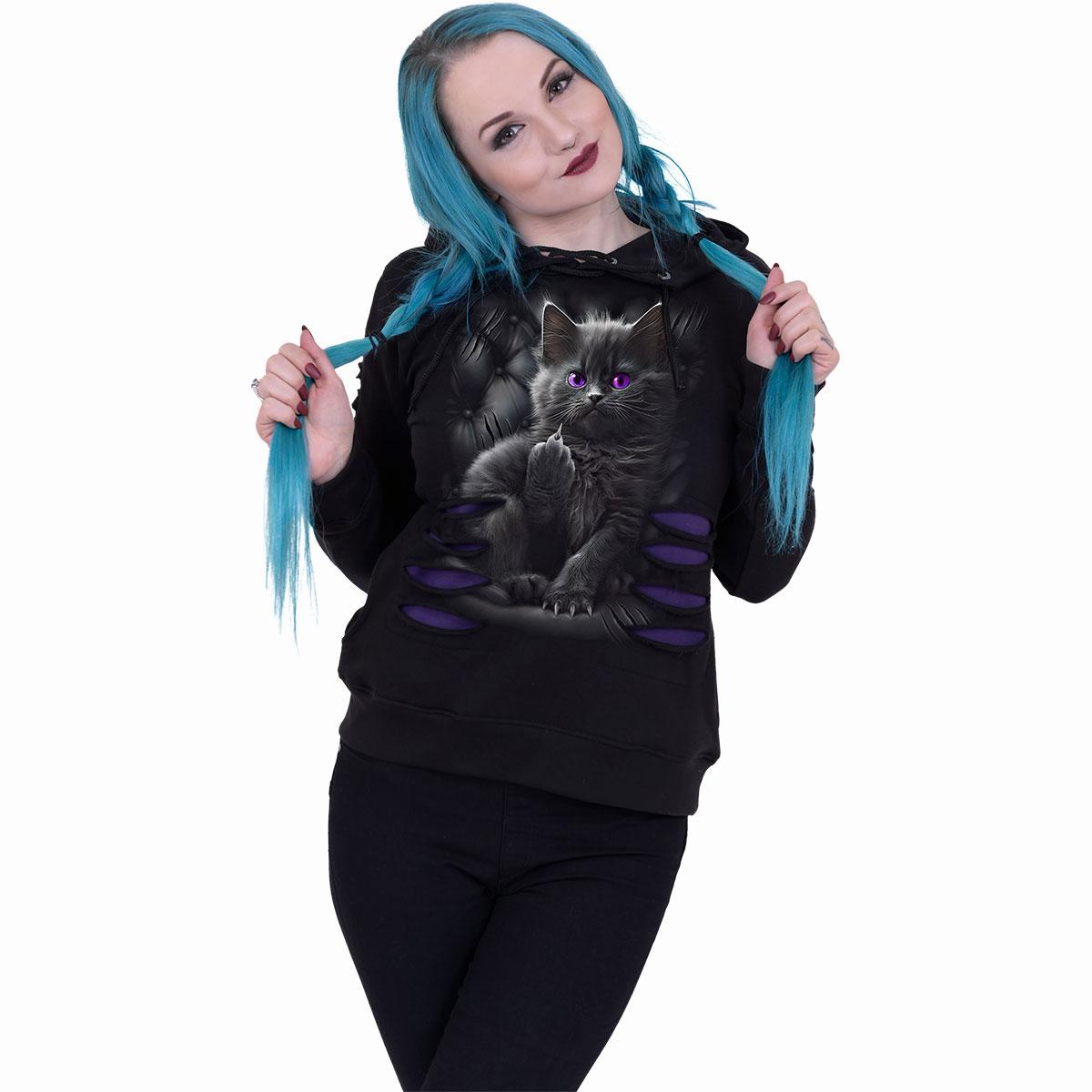 Black-Purple - Side - Spiral Direct Womens-Ladies Cattitude Ripped Hoodie