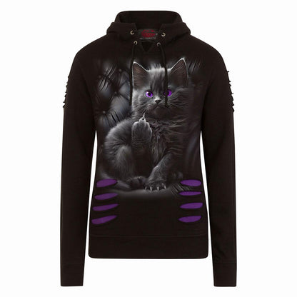 Black-Purple - Front - Spiral Direct Womens-Ladies Cattitude Ripped Hoodie