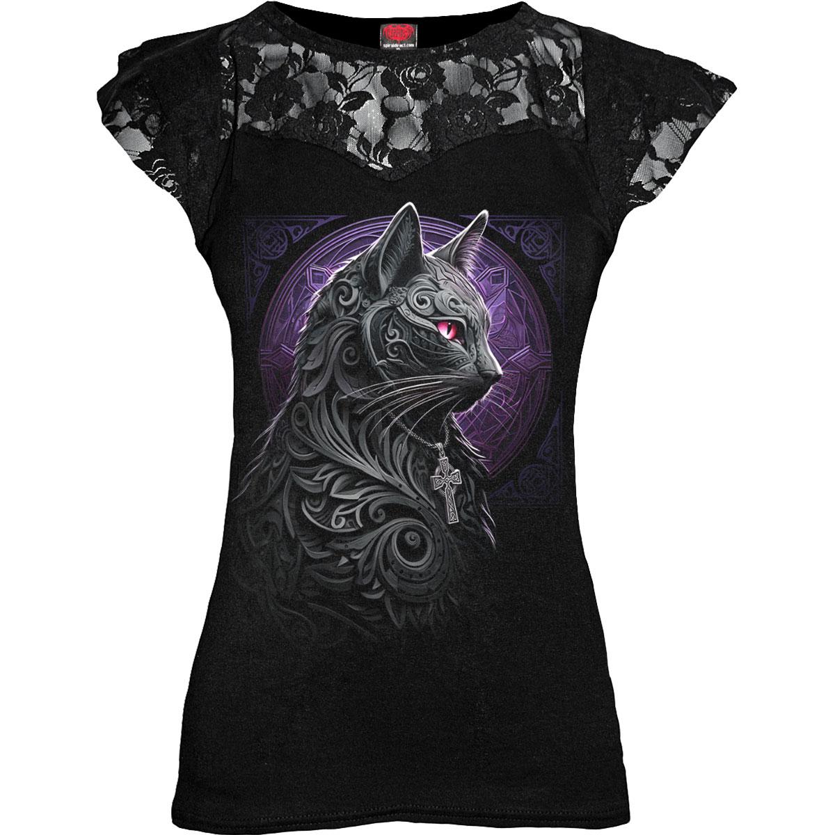 Black - Front - Spiral Direct Womens-Ladies Celtic Whiskers Lace Detail Capped Sleeved Top