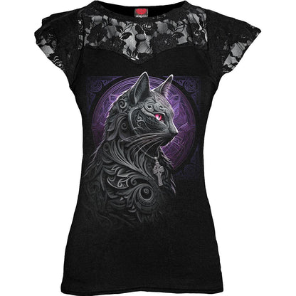 Black - Front - Spiral Direct Womens-Ladies Celtic Whiskers Lace Detail Capped Sleeved Top
