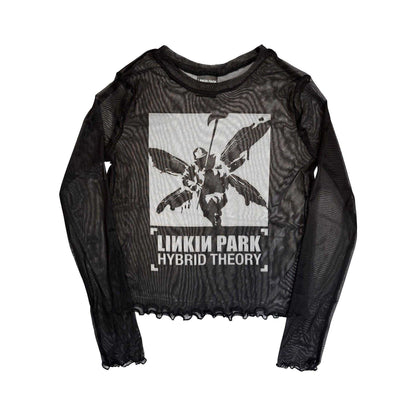 Black - Front - Linkin Park Womens-Ladies Hybrid Theory Mesh Long-Sleeved Crop Top