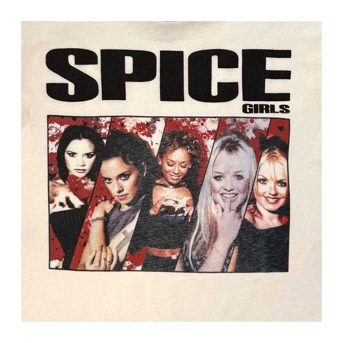 White - Side - Spice Girls Womens-Ladies Collage Stone Wash Crop Top