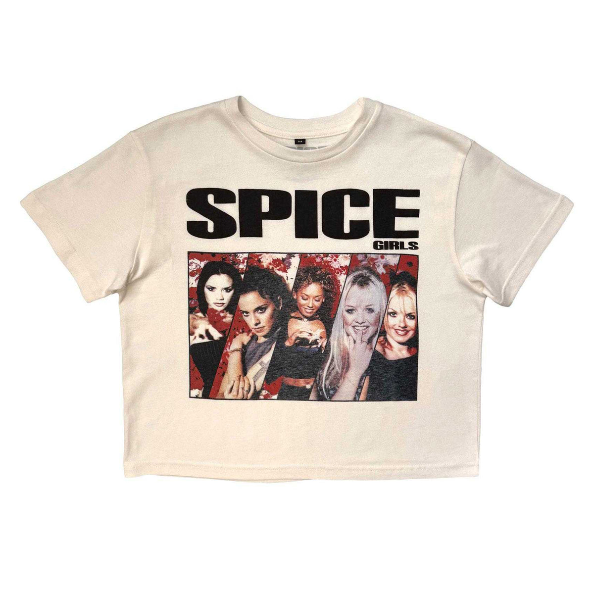 White - Front - Spice Girls Womens-Ladies Collage Stone Wash Crop Top
