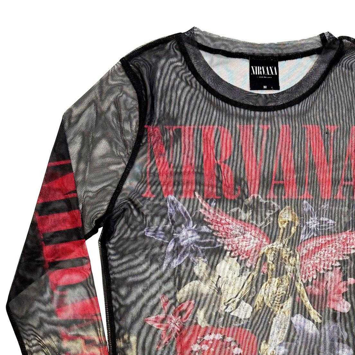 Black - Back - Nirvana Womens-Ladies In Utero Vintage Collage Mesh Long-Sleeved Crop Top