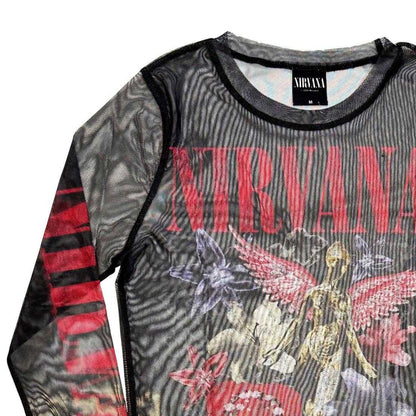Black - Back - Nirvana Womens-Ladies In Utero Vintage Collage Mesh Long-Sleeved Crop Top