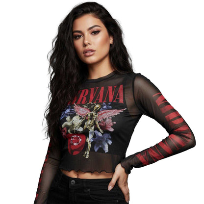 Black - Side - Nirvana Womens-Ladies In Utero Vintage Collage Mesh Long-Sleeved Crop Top