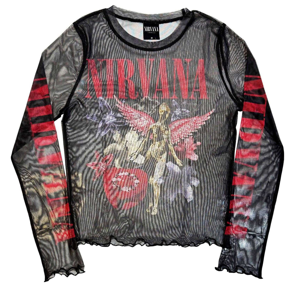 Black - Front - Nirvana Womens-Ladies In Utero Vintage Collage Mesh Long-Sleeved Crop Top