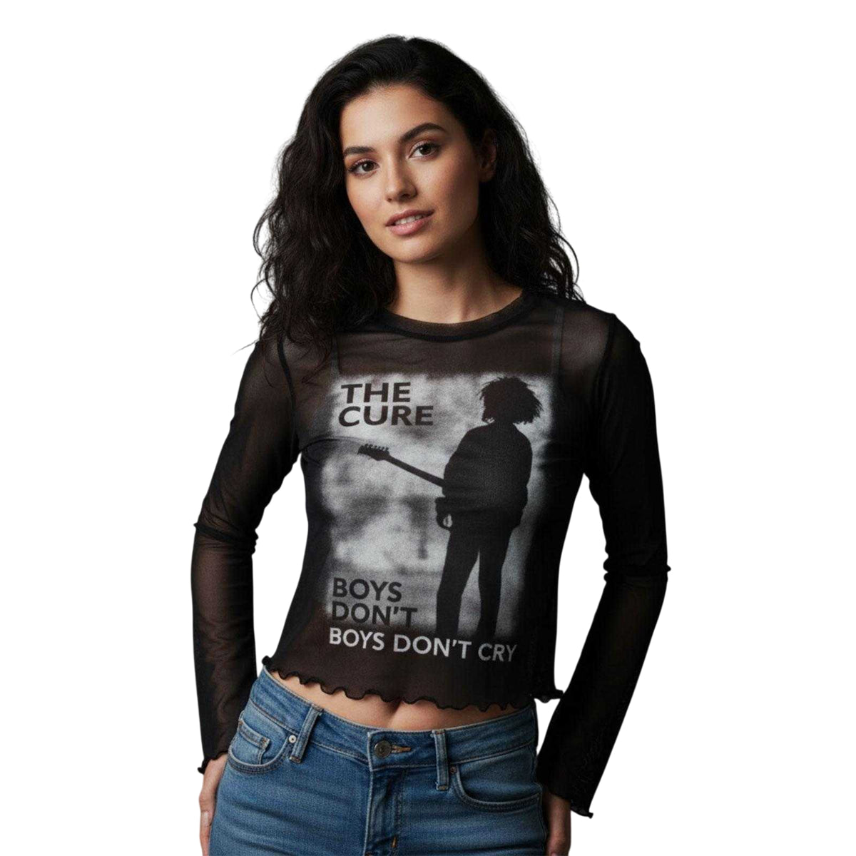 Black - Side - The Cure Womens-Ladies Boys Don´t Cry Mesh Long-Sleeved Crop Top