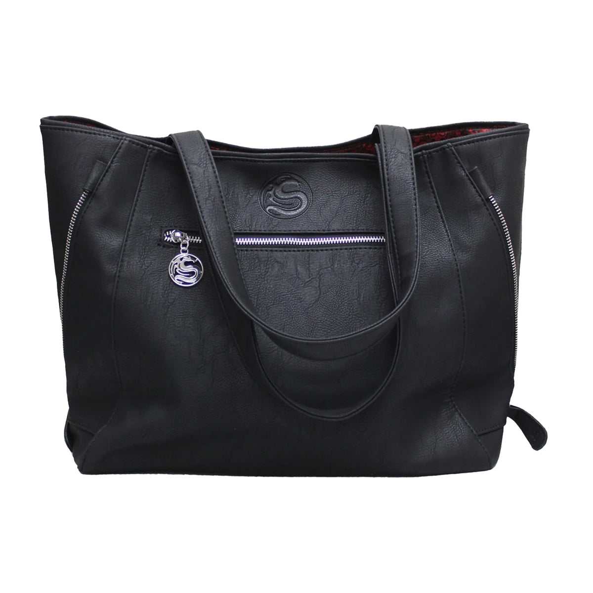 Black - Back - Spiral Black Cat Faux Leather Tote Bag