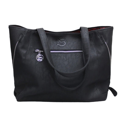 Black - Back - Spiral Black Cat Faux Leather Tote Bag