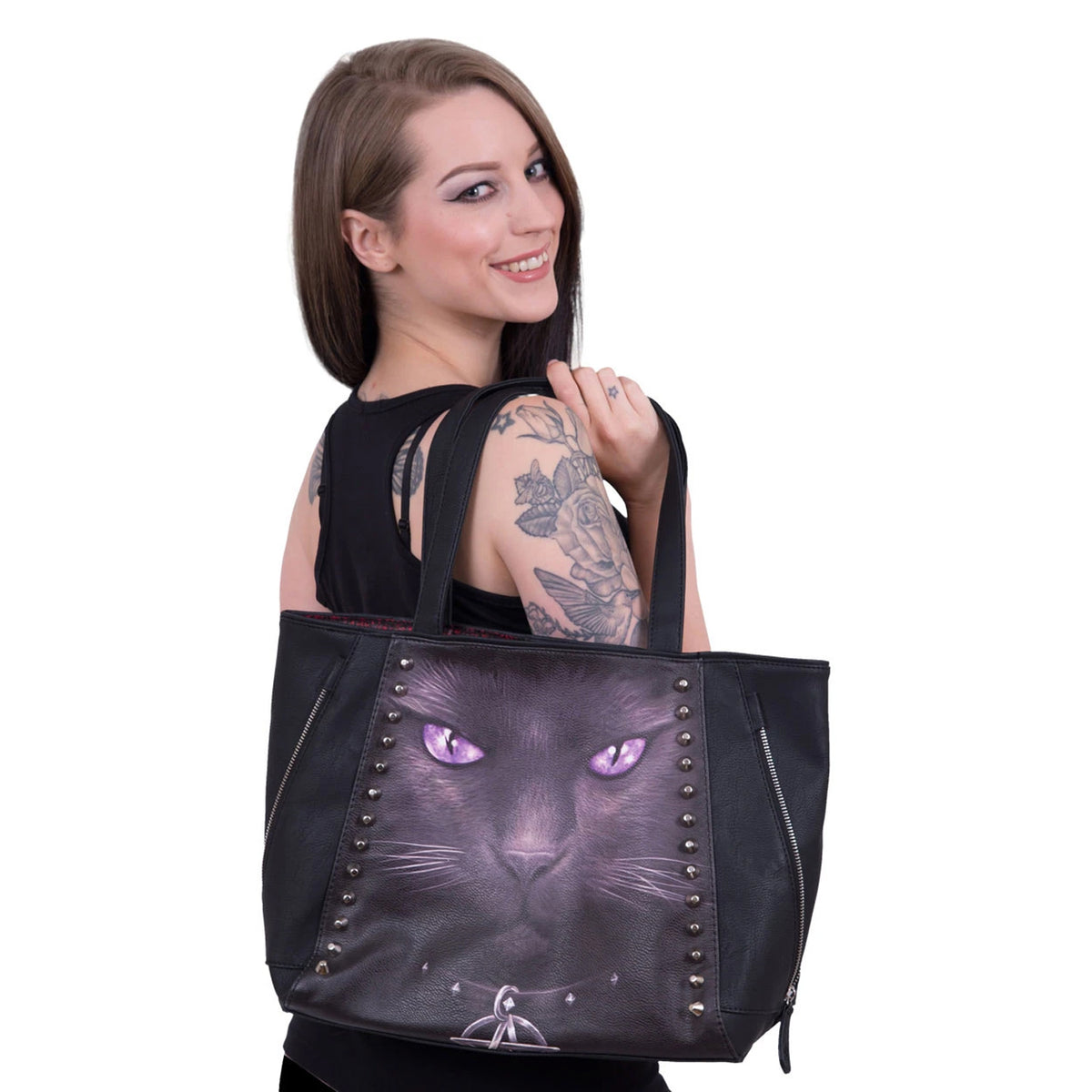 Black - Side - Spiral Black Cat Faux Leather Tote Bag