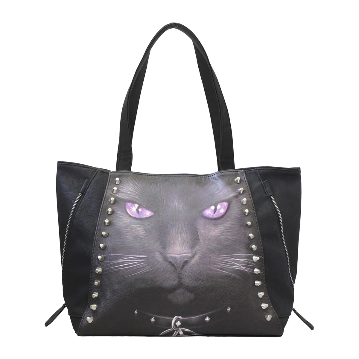 Black - Front - Spiral Black Cat Faux Leather Tote Bag