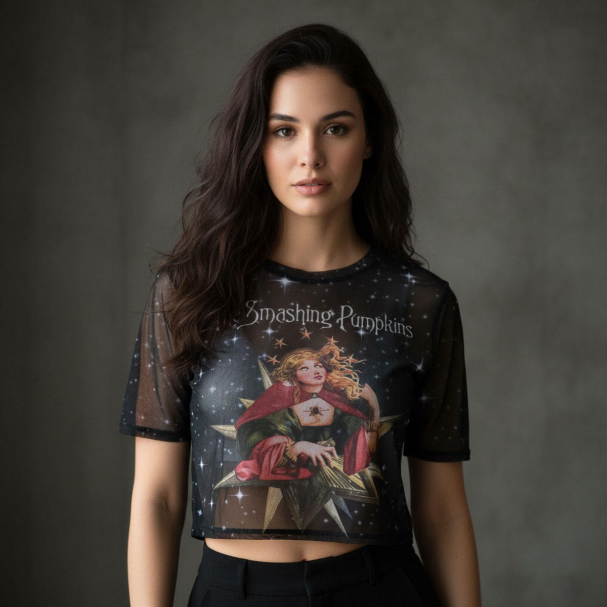 Navy - Side - The Smashing Pumpkins Womens-Ladies Mellon Collie Mesh Long-Sleeved Crop Top